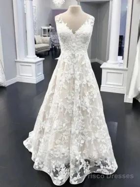 A Line V Neck Floral Lace Long Prom Dresses
