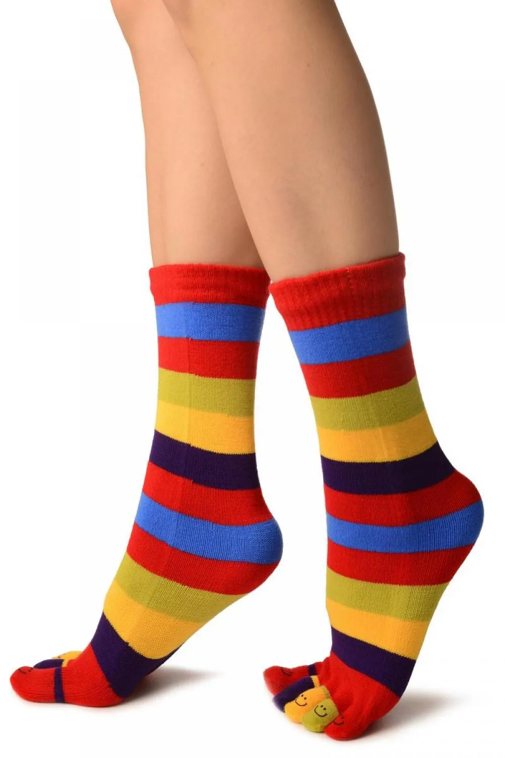 Bright Rainbow Stripes & Printed Smiles Ankle High Toe Socks