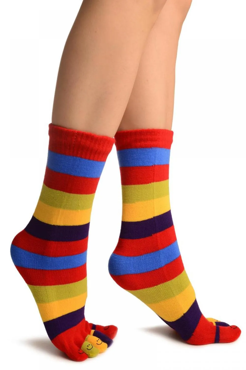 Bright Rainbow Stripes & Printed Smiles Ankle High Toe Socks