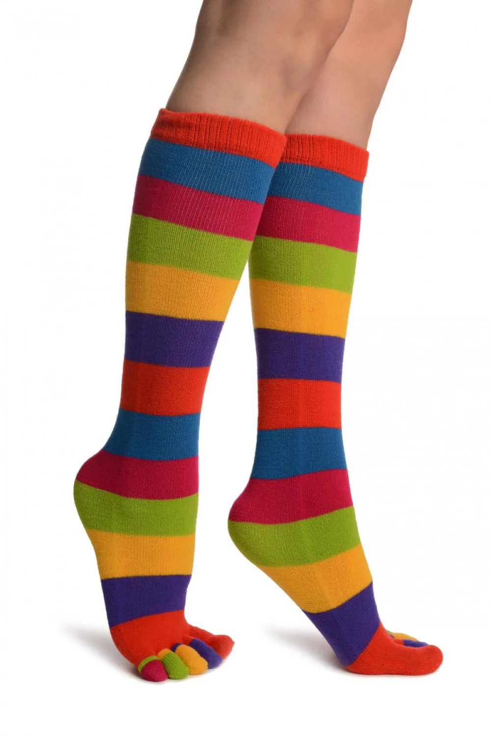 Bright Rainbow Stripes Knee High Toe Socks