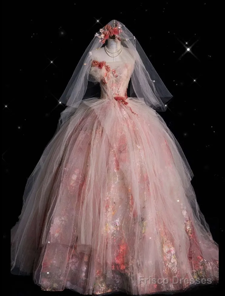 Classy Ball Gown Sweetheart Pink Floral Tulle Long Evening Dress Prom Dresses