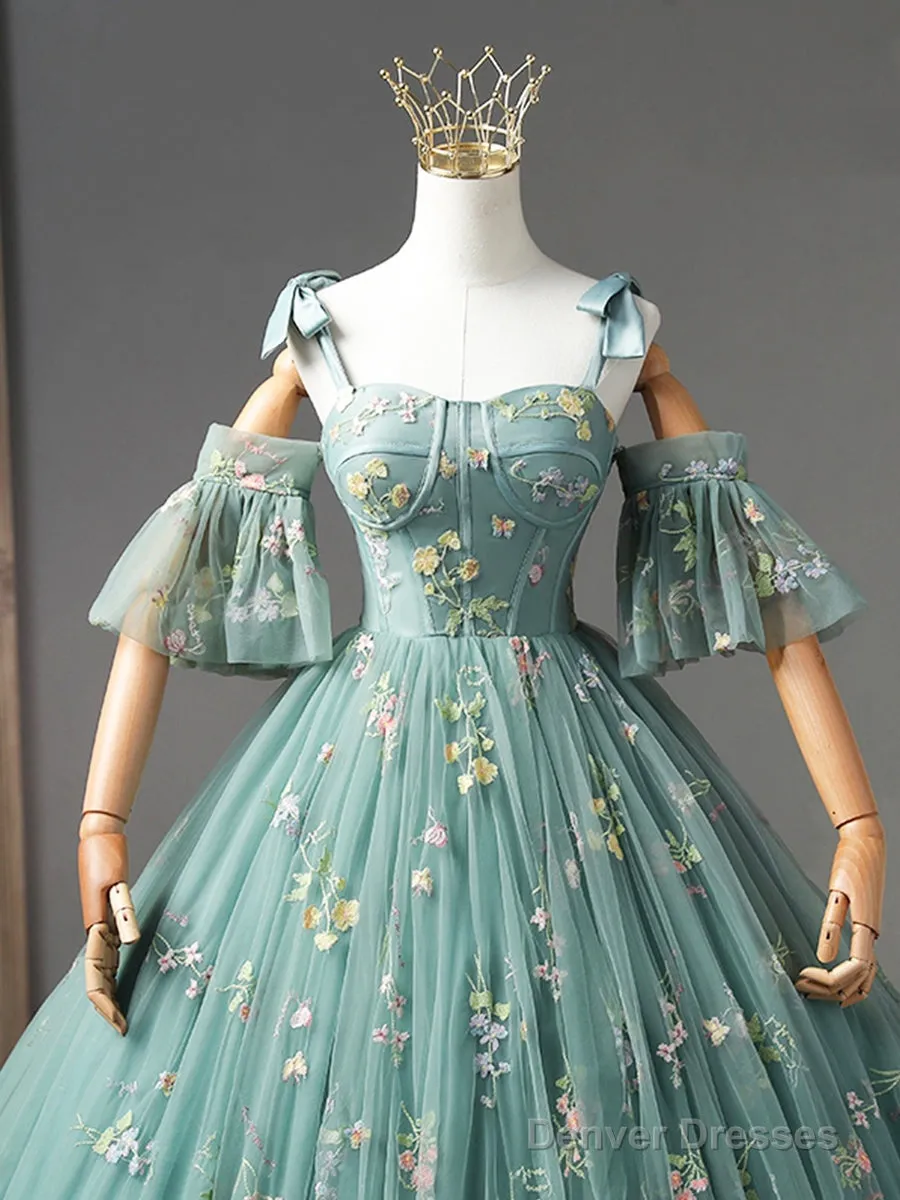 Green Floral Tulle Long Prom Dress Cute Off Shoulder Evening Party Dress Beautiful