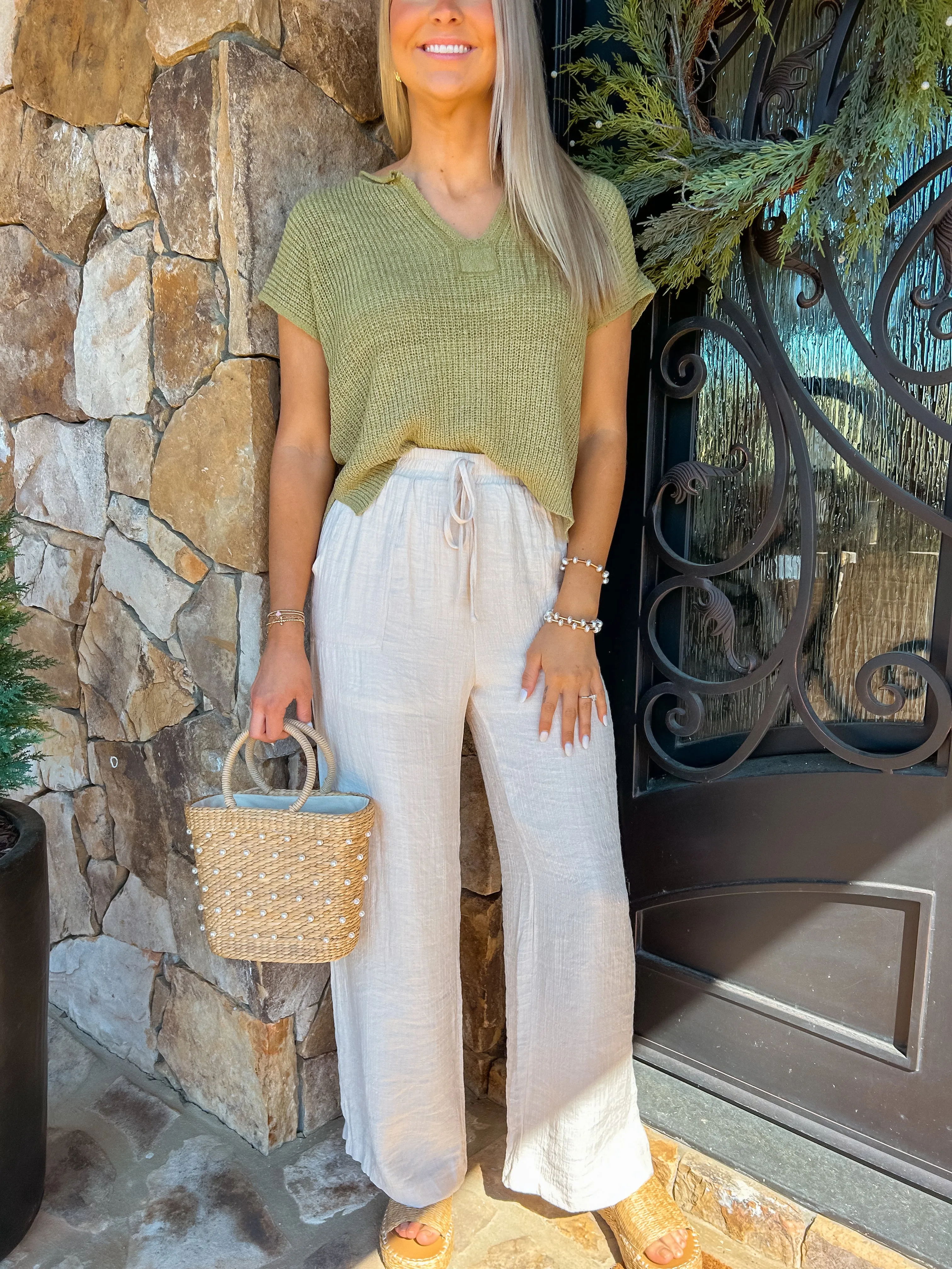 High Waisted Oatmeal Wide Leg Pants