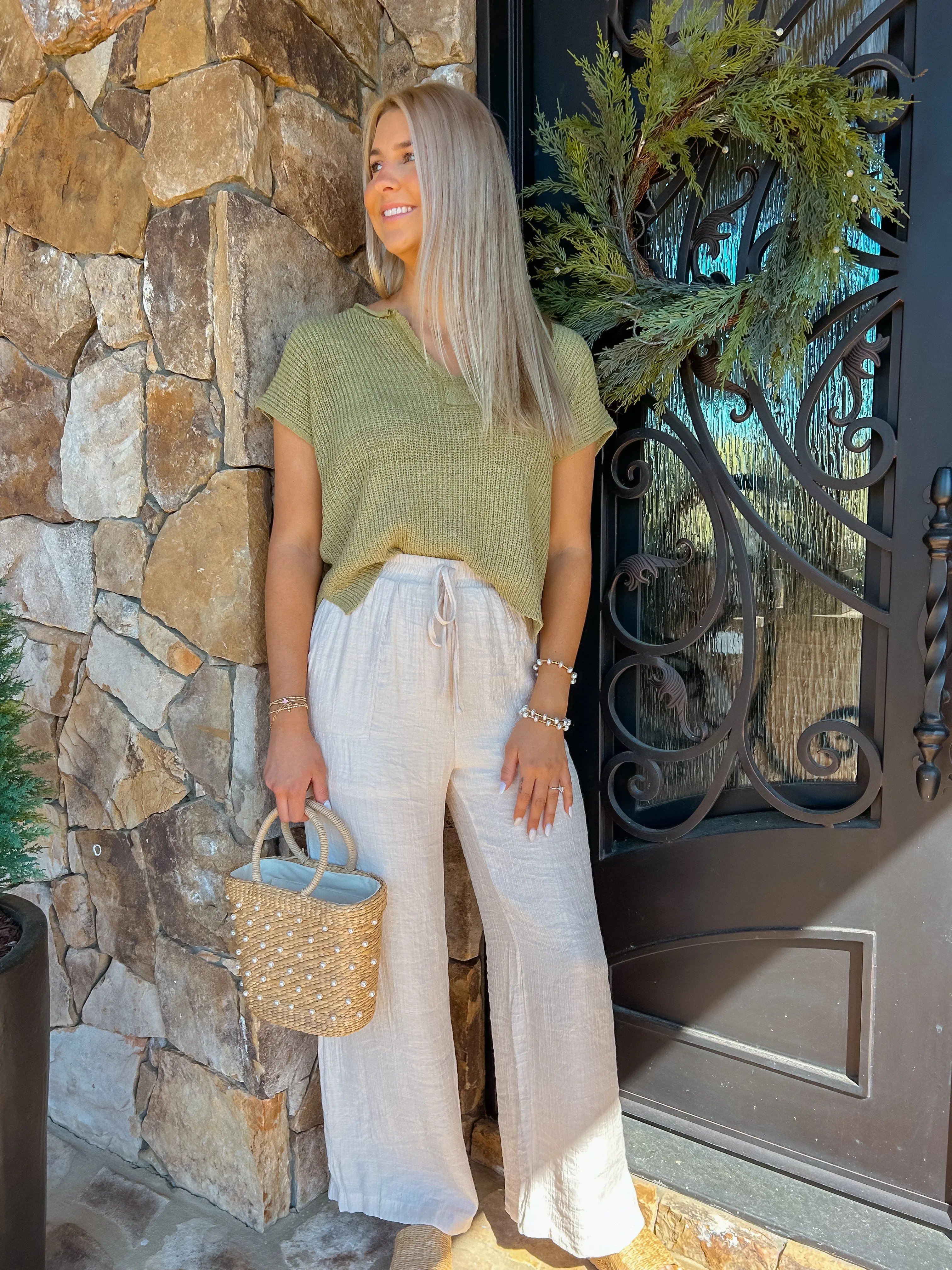 High Waisted Oatmeal Wide Leg Pants