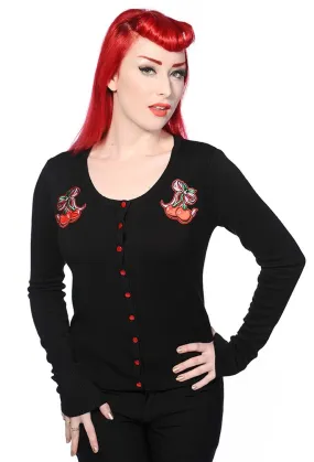 Lost Queen Rockabilly Pinup Cherry Love Black knit Cardigan