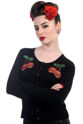 Lost Queen Rockabilly Pinup Cherry Skulls Black knit Cardigan