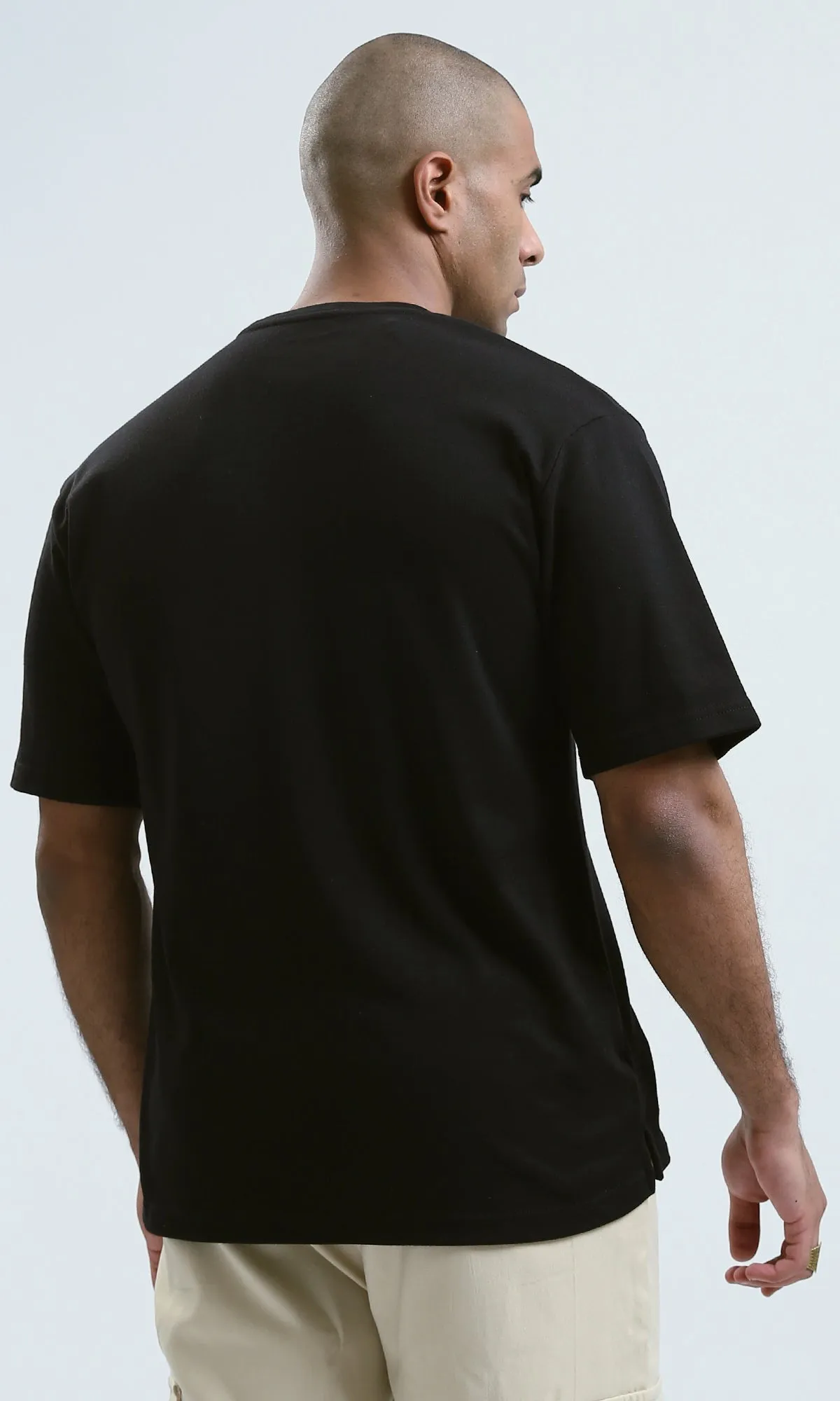 o190114 - Relaxed Fit Elbow Sleeves Black Casual Tee With Pocket