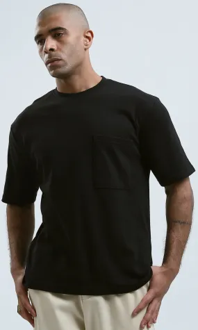 o190114 - Relaxed Fit Elbow Sleeves Black Casual Tee With Pocket