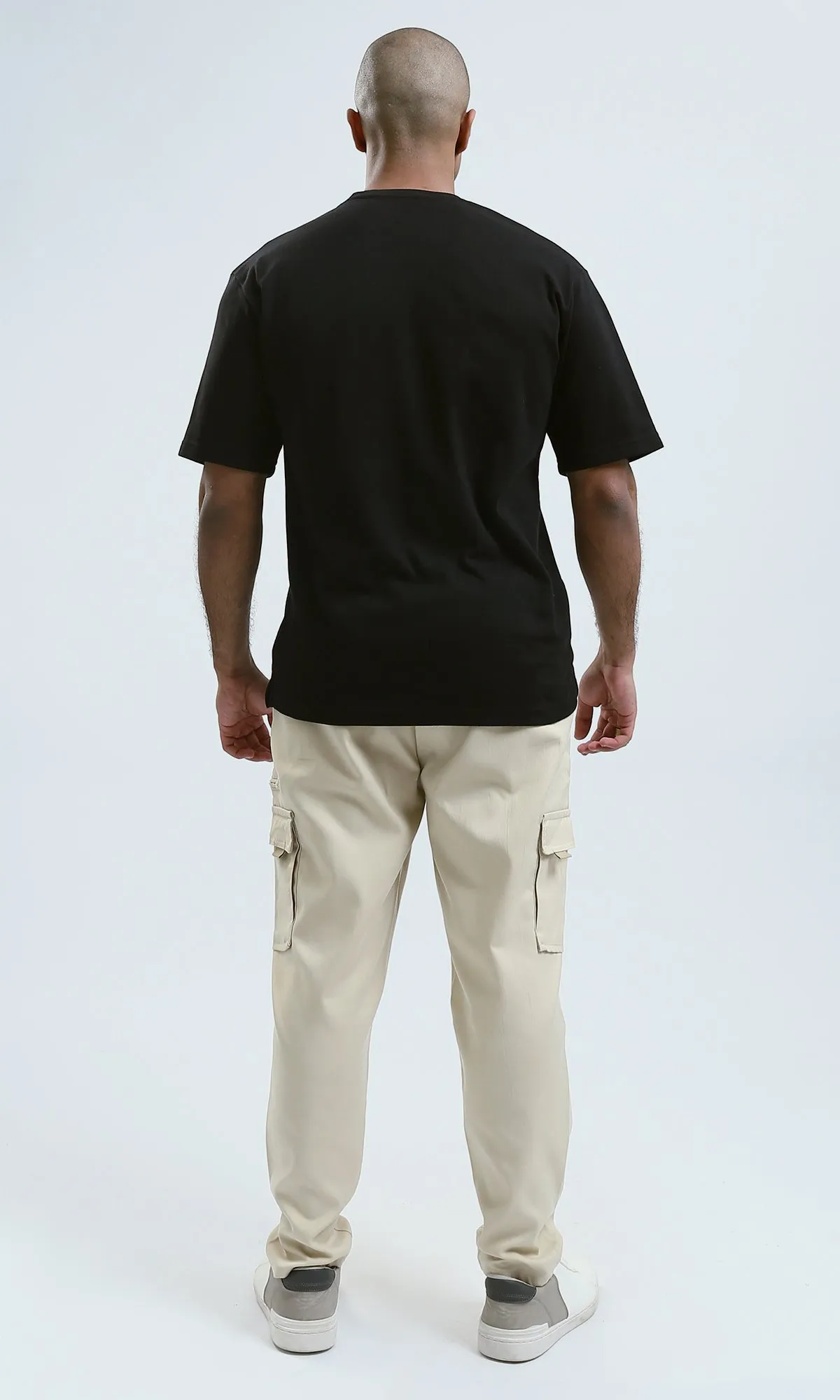 o190114 - Relaxed Fit Elbow Sleeves Black Casual Tee With Pocket