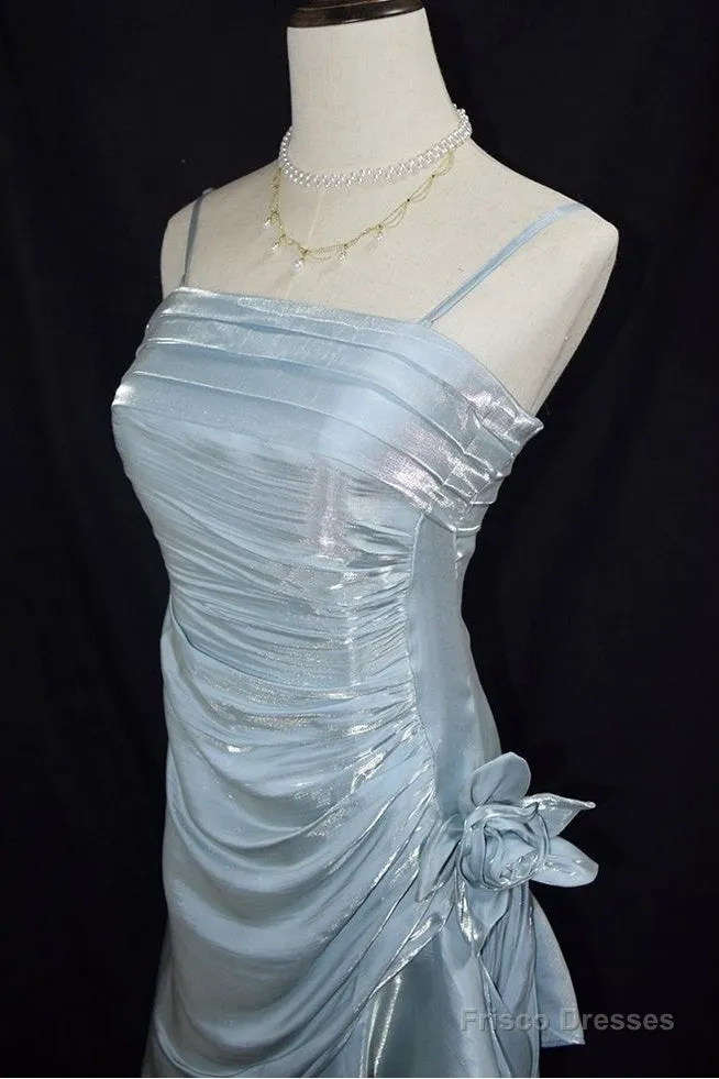 Retro Baby Blue Vintage Floral Dress Asymmetrical Hem Prom Gown