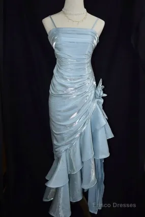 Retro Baby Blue Vintage Floral Dress Asymmetrical Hem Prom Gown