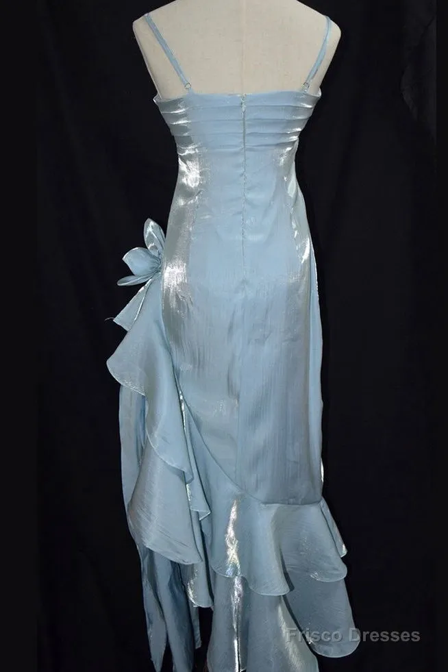 Retro Baby Blue Vintage Floral Dress Asymmetrical Hem Prom Gown