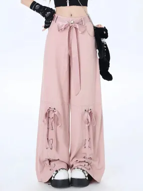 Satin Pants Ribbon Lace-up Loose