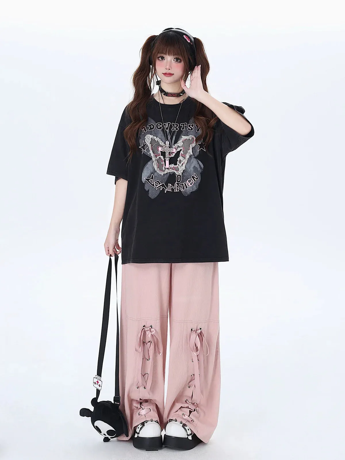 Satin Pants Ribbon Lace-up Loose