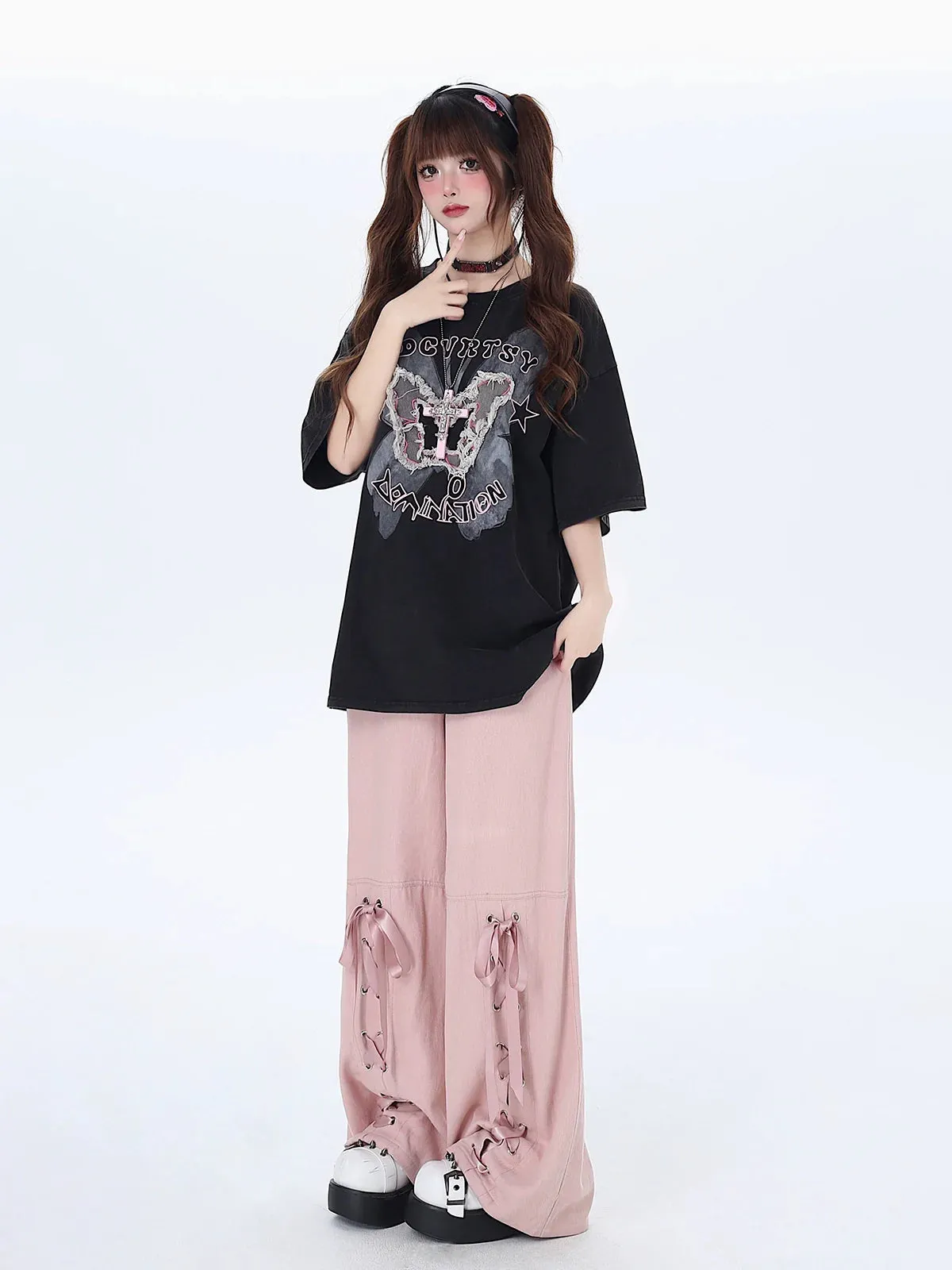 Satin Pants Ribbon Lace-up Loose