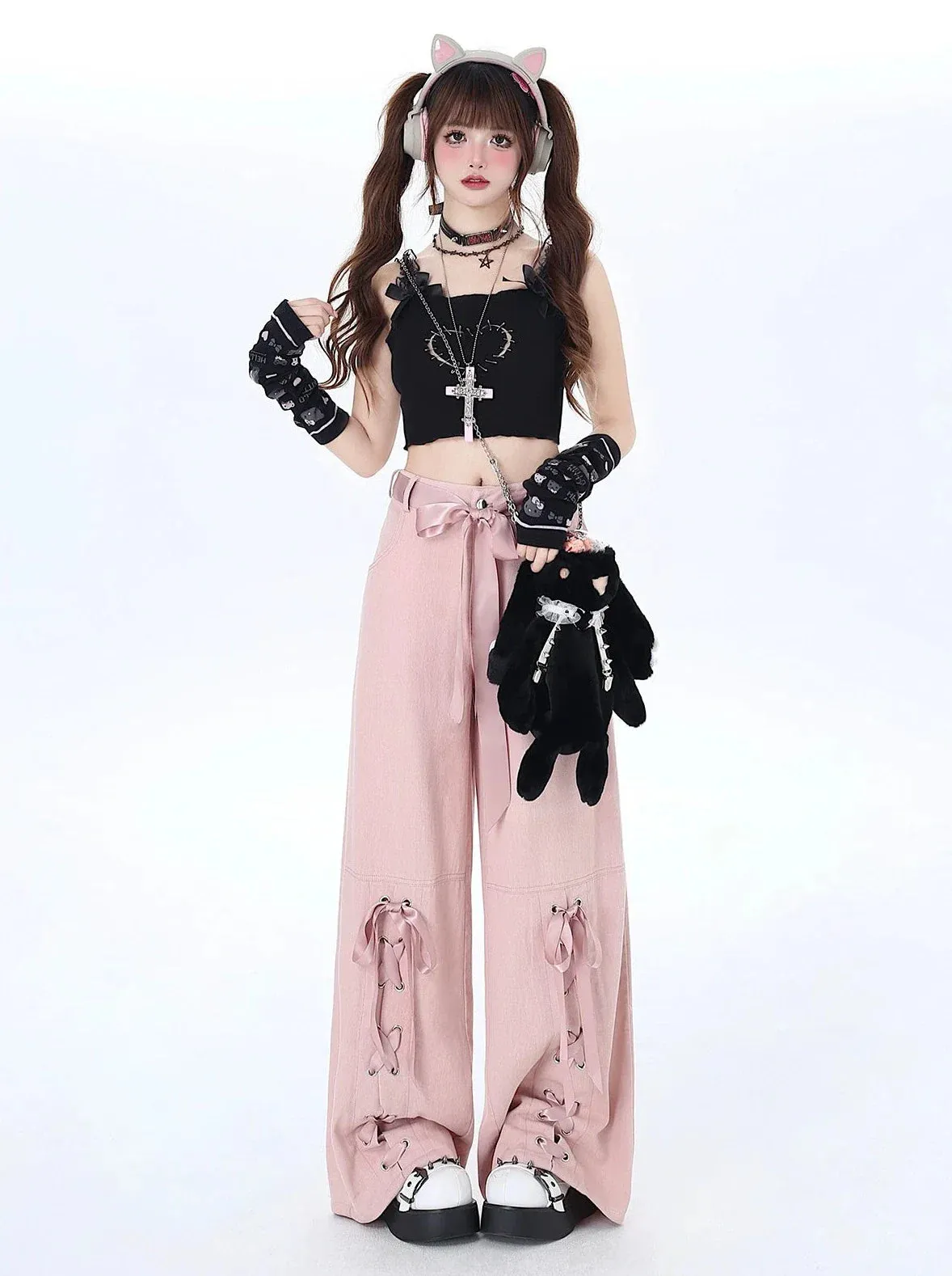 Satin Pants Ribbon Lace-up Loose