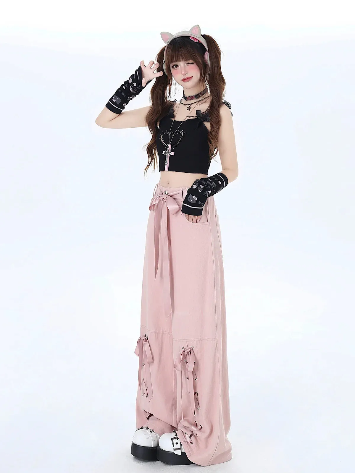 Satin Pants Ribbon Lace-up Loose