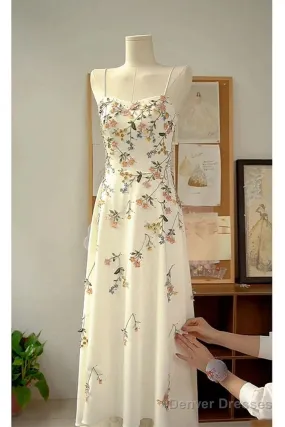 Sexy A Line Spaghetti Straps Ivory Floral Satin Prom Dresses Birthday Outfits Evening Gown