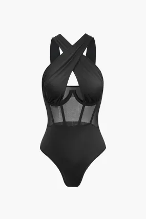 Sheer Mesh Patchwork Korse Bodysuit